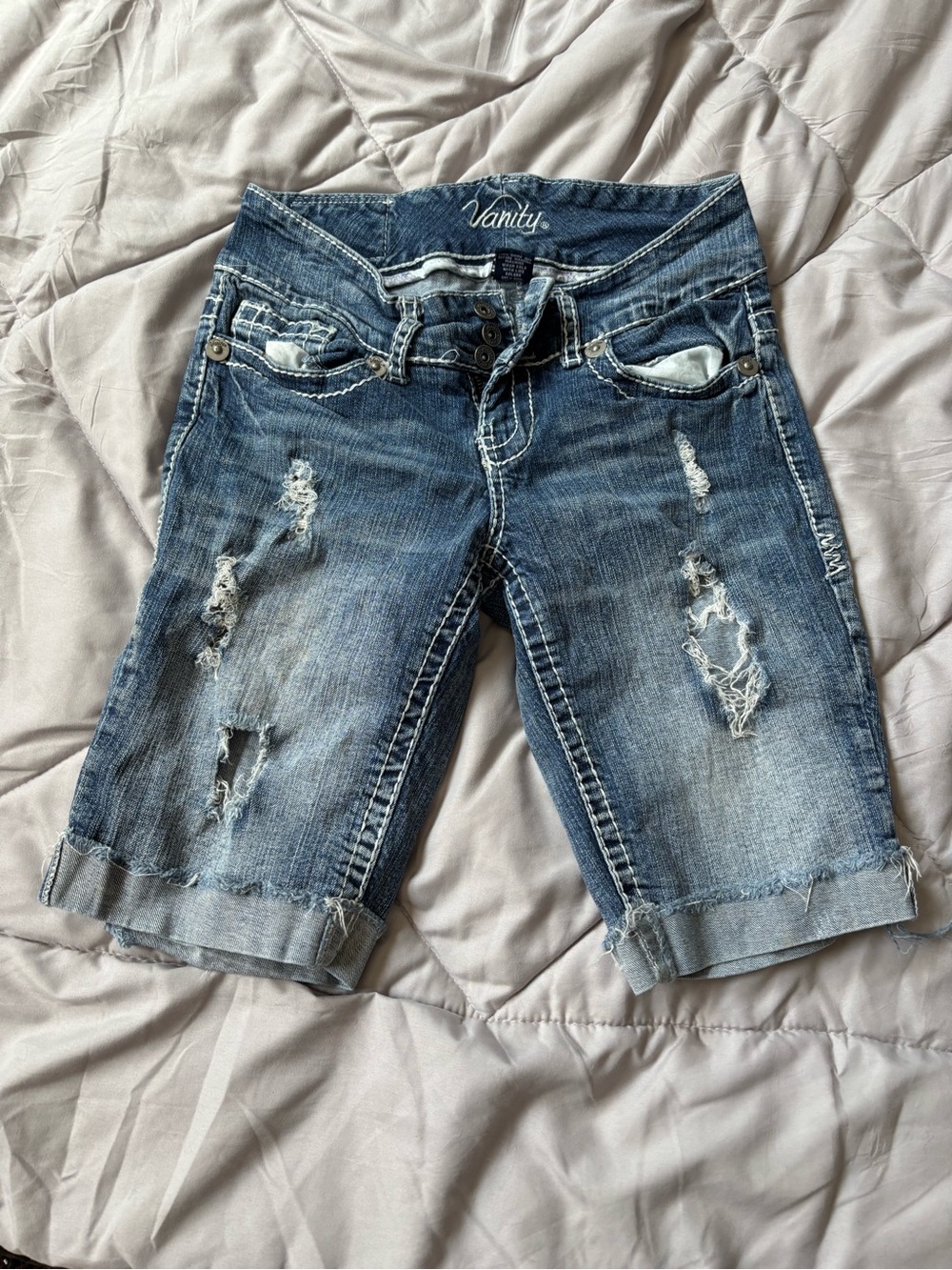 Vanity Distressed Rolled Cuff Denim Shorts - Blue Wash